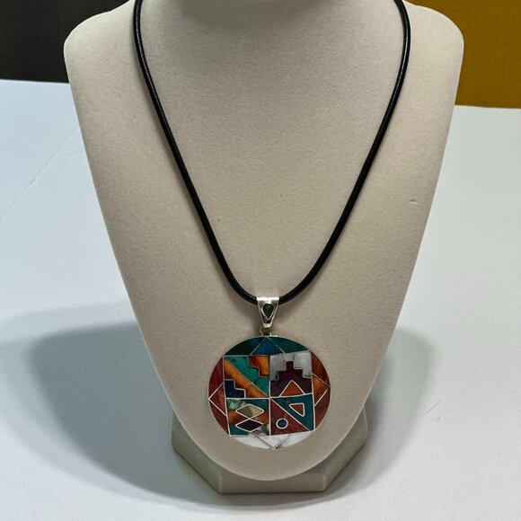 Peruvian 950 Sterling Silver Pendant | Circular Mosaic Inlay with Natural Stones - Picture 3 of 8